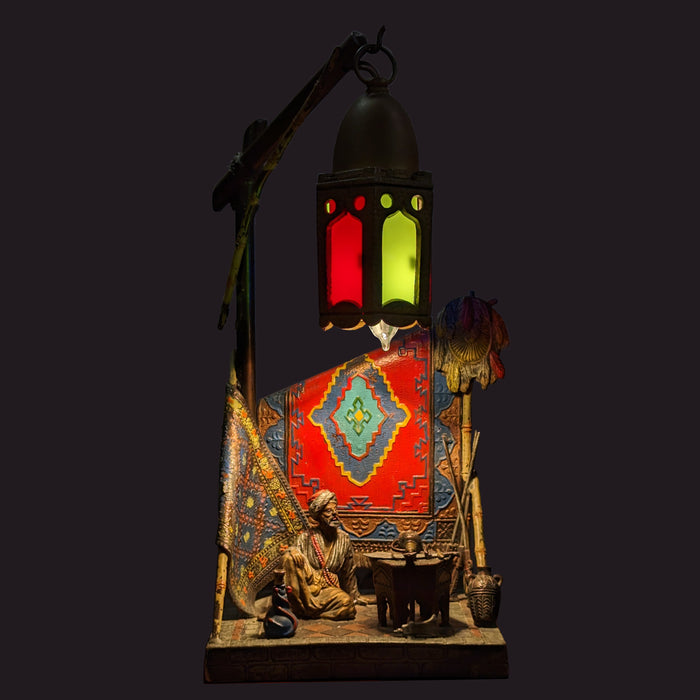 Antique Austrian Cold Painted Bronze Franz Bergmann Arab Carpet Seller Lamp, Circa 1920