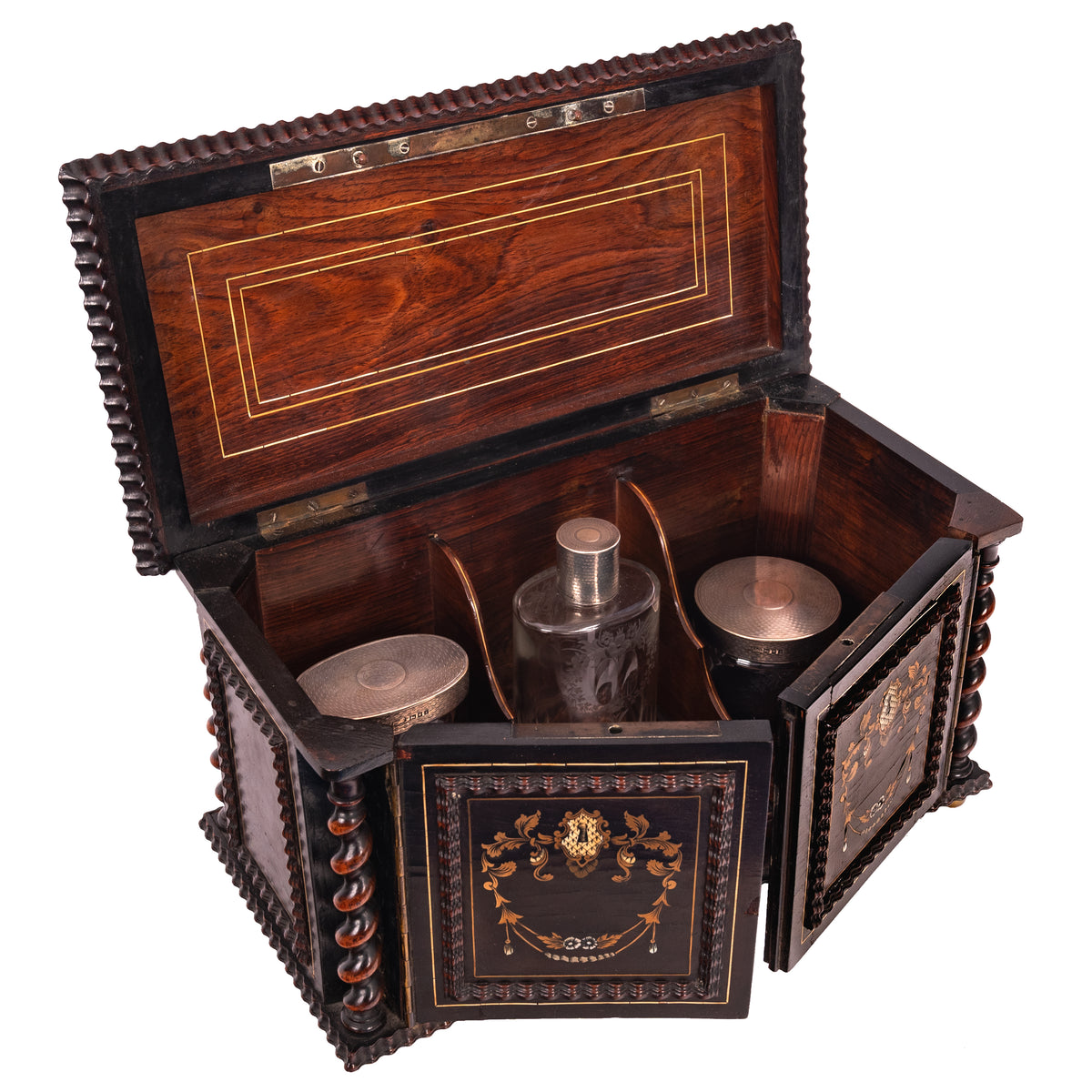 Antique Regency Inlaid Rosewood Silver Perfume Bottle Box Dressing Set, 1824