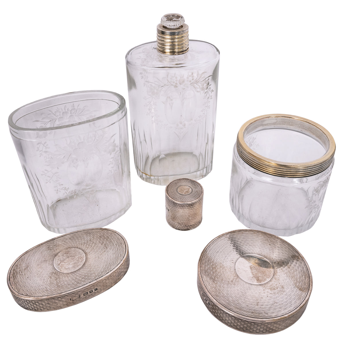 Antique Regency Inlaid Rosewood Silver Perfume Bottle Box Dressing Set, 1824