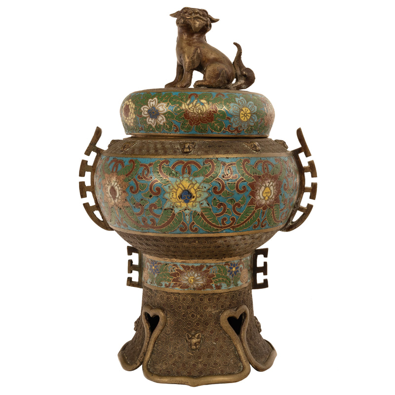 Antique Chinese Qing Dynasty Bronze Cloisonne Enamel Censer Insence Burner, 1900