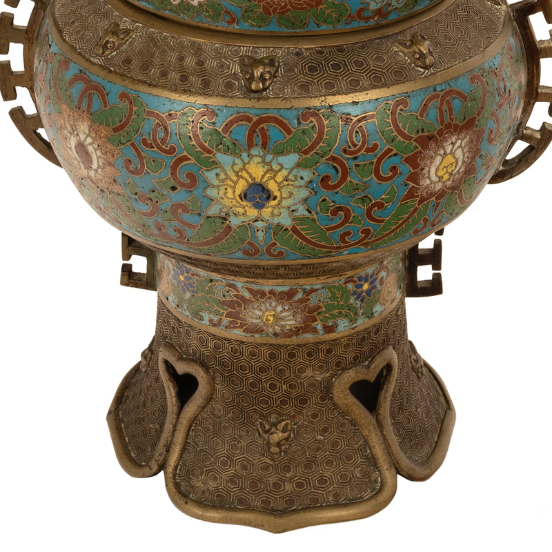 Antique Chinese Qing Dynasty Bronze Cloisonne Enamel Censer Insence Burner, 1900