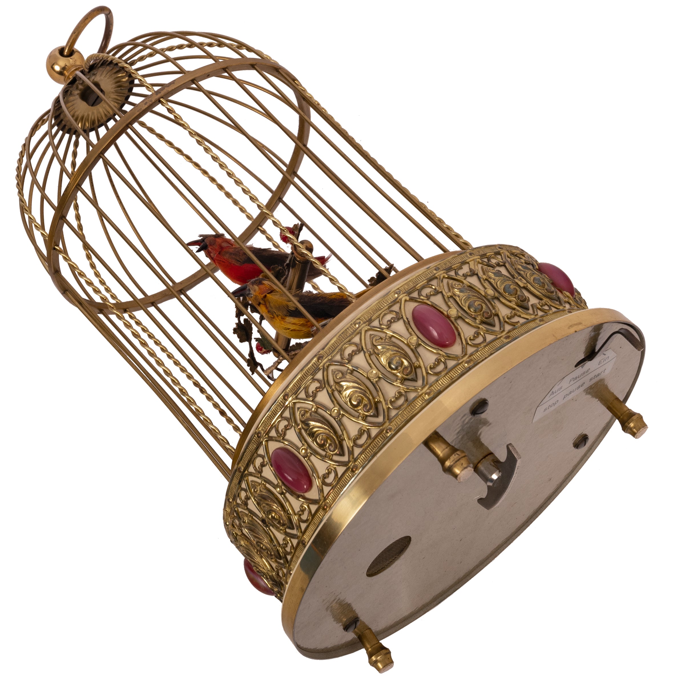 Vintage West German Music Box, Brass Bird Cage with Animated Singing Birds
