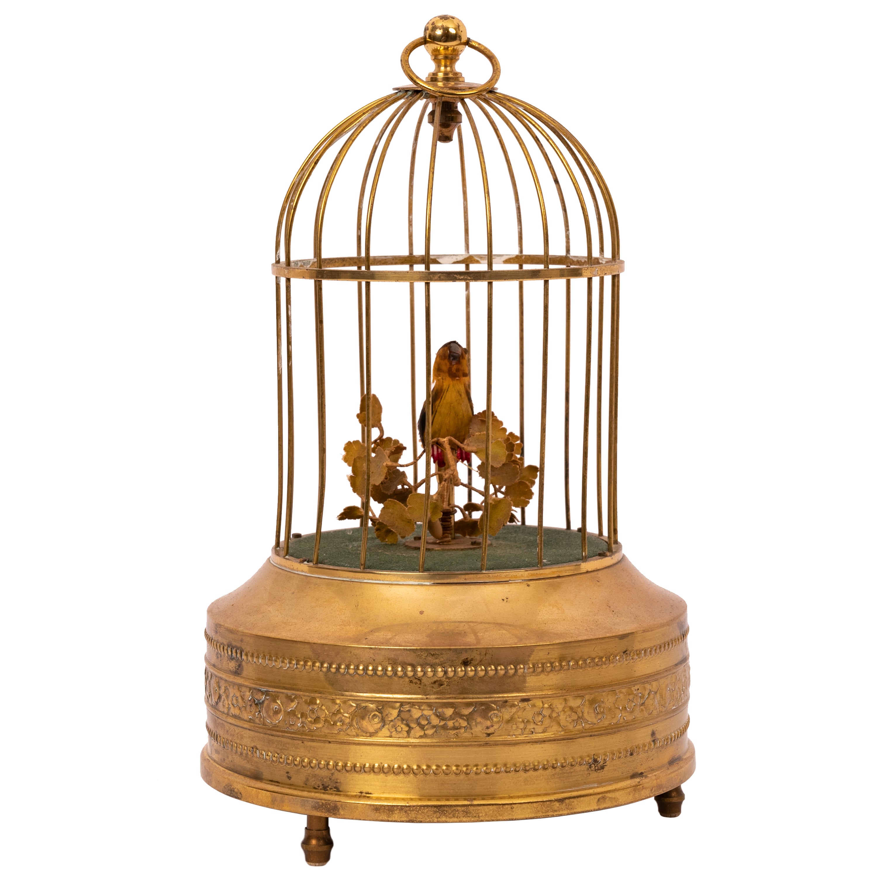 Antique German singing-bird automaton displayed inside a decorative brass cage