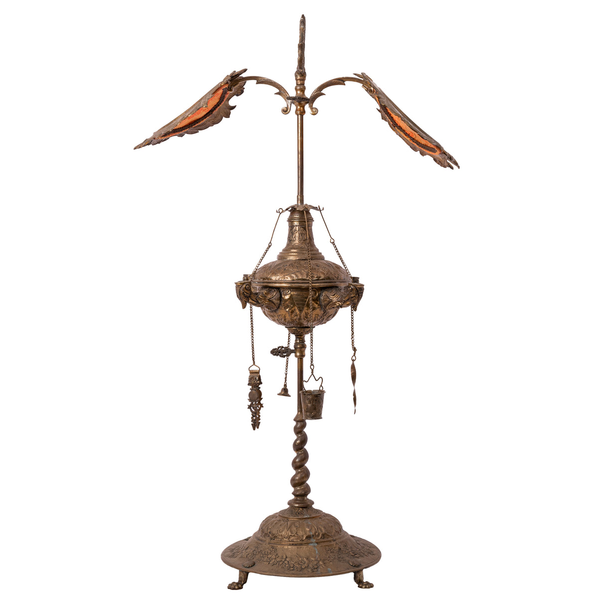 Antique Italian Renaissance Brass Lucerne Florentine Chatelaine Oil Lamp, Circa 1860