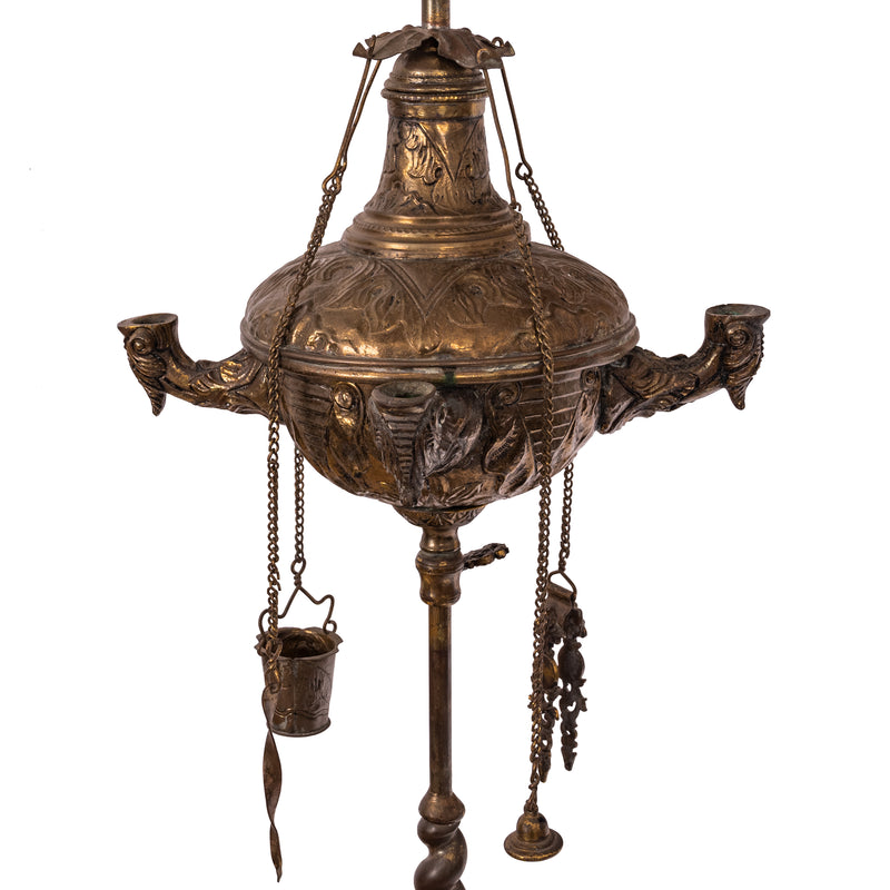 Antique Italian Renaissance Brass Lucerne Florentine Chatelaine Oil Lamp, Circa 1860