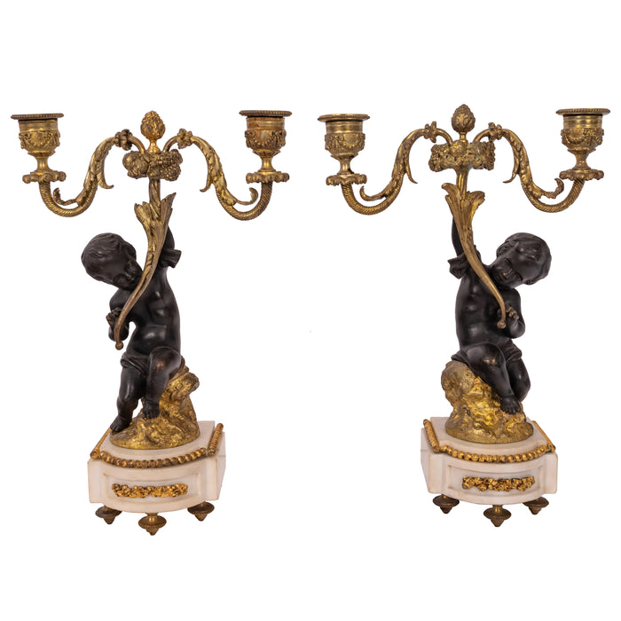 Pair Antique French Louis XVI Parcel-Gilt Bronze & Marble Putti Candelarbra, 1870