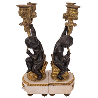 Pair Antique French Louis XVI Parcel-Gilt Bronze & Marble Putti Candelarbra, 1870