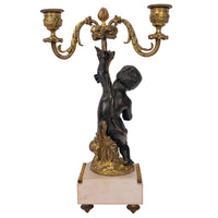 Pair Antique French Louis XVI Parcel-Gilt Bronze & Marble Putti Candelarbra, 1870