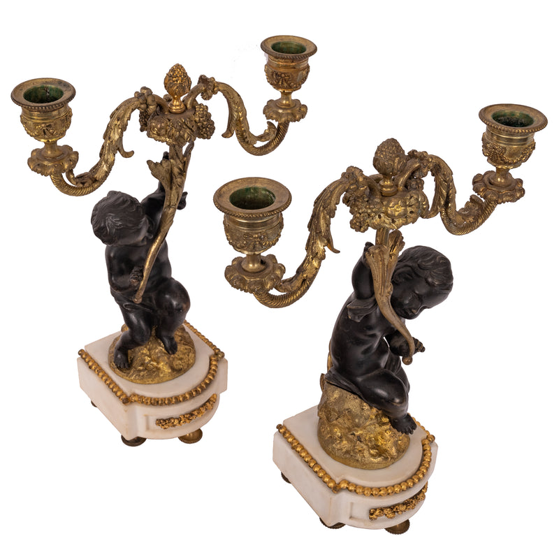 Pair Antique French Louis XVI Parcel-Gilt Bronze & Marble Putti Candelarbra, 1870