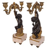 Pair Antique French Louis XVI Parcel-Gilt Bronze & Marble Putti Candelarbra, 1870