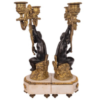 Pair Antique French Louis XVI Parcel-Gilt Bronze & Marble Putti Candelarbra, 1870