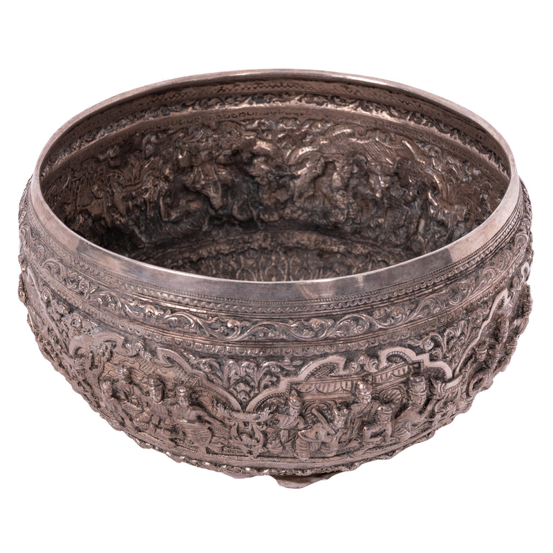 Antique Burmese Repousse Silver Buddhist Thabeik Offering Bowl Guanyin Mark, 1890