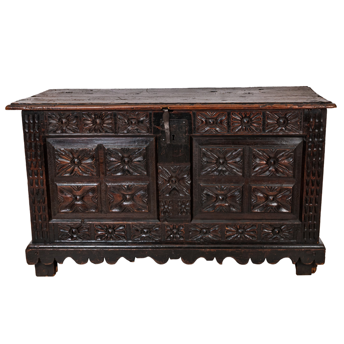 Antique 18th Century Spanish Colonial Carved Cedar Coffer Chest Mexico 1750