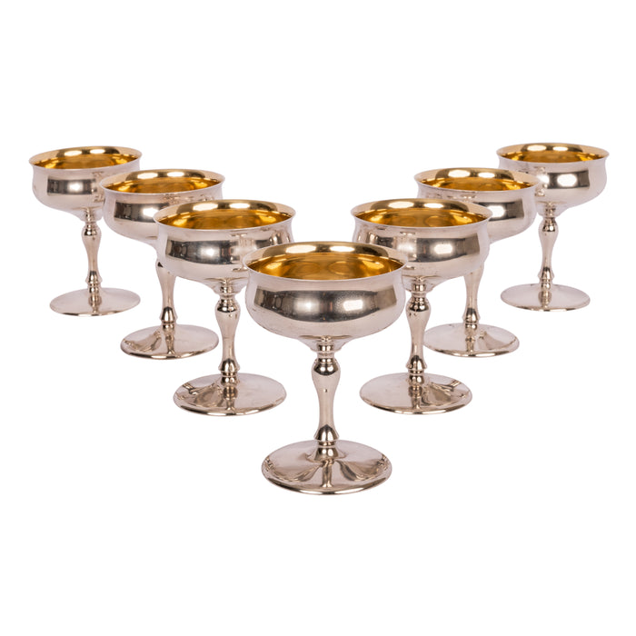 7 Antique American Sterling Silver Gilt Art Deco Sherbet Cocktail Wine Goblets, Circa 1928.