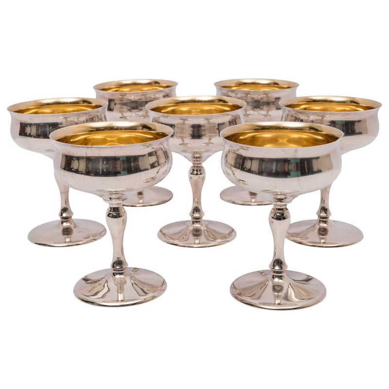 7 Antique American Sterling Silver Gilt Art Deco Sherbet Cocktail Wine Goblets, Circa 1928.