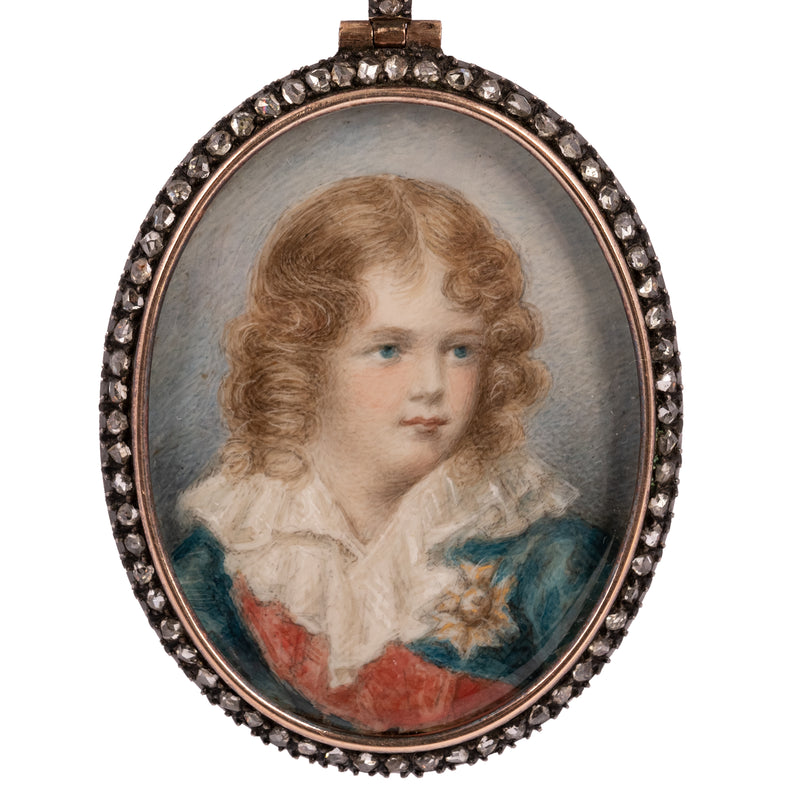 Antique French Portrait Miniature Painting Napoleon II 18k with Gold, Silver & Diamonds 1879