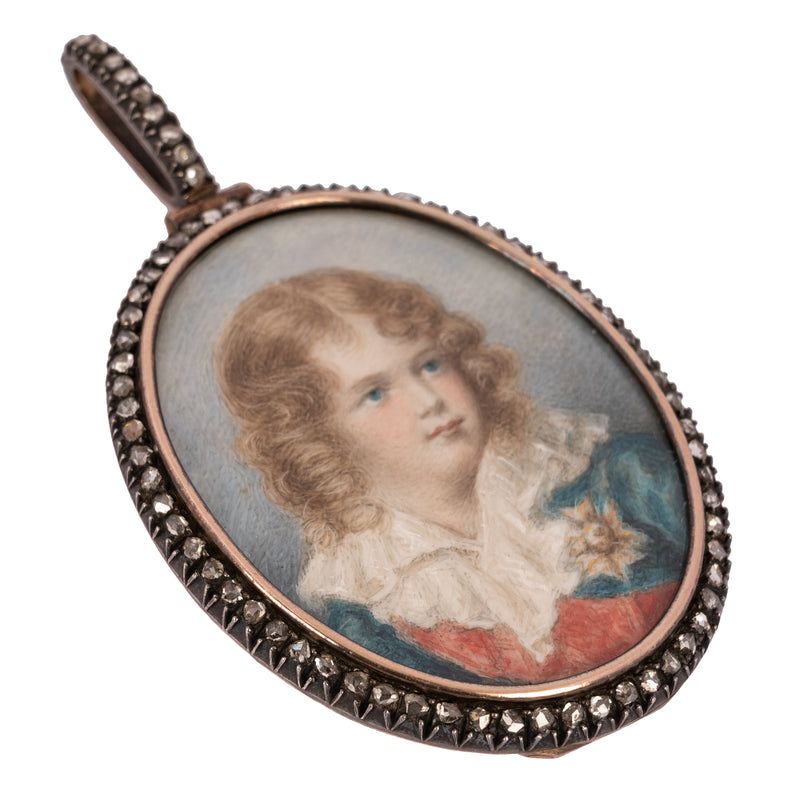 Antique French Portrait Miniature Painting Napoleon II 18k with Gold, Silver & Diamonds 1879
