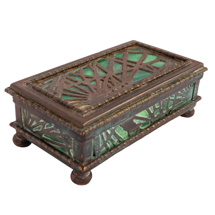 Antique Tiffany Studios Pine Needles Bronze Stamp Box Green Slag Glass, Circa 1910