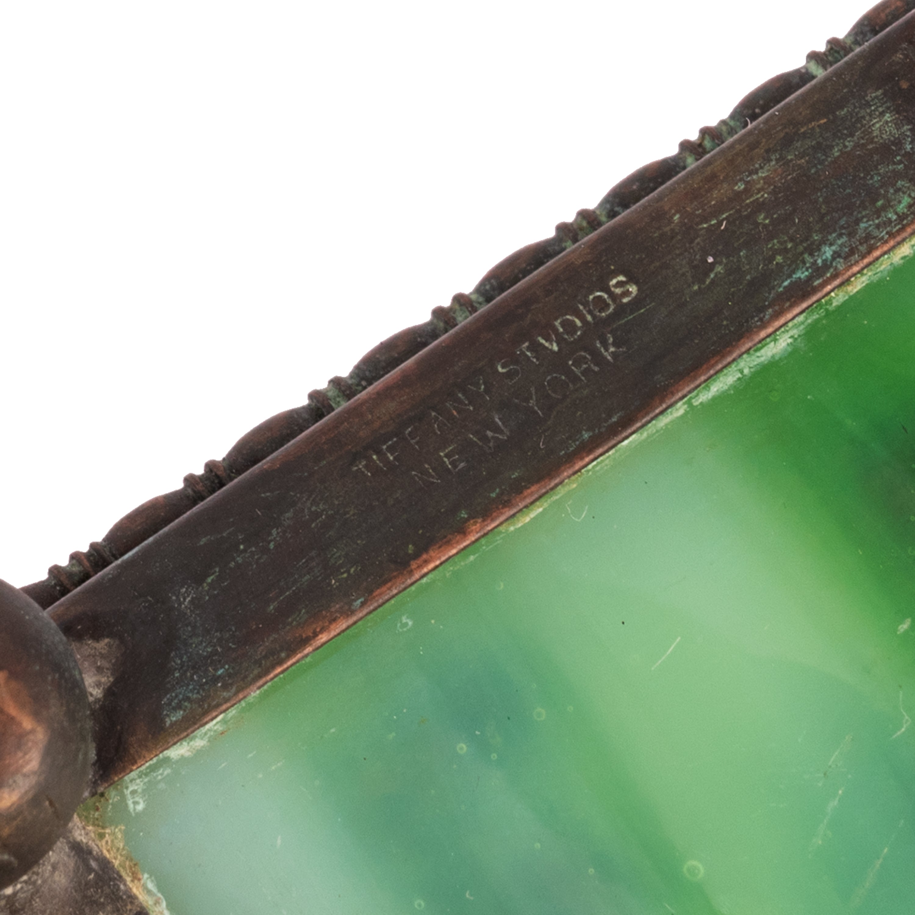 Antique Tiffany Studios Pine Needles Bronze Stamp Box Green Slag