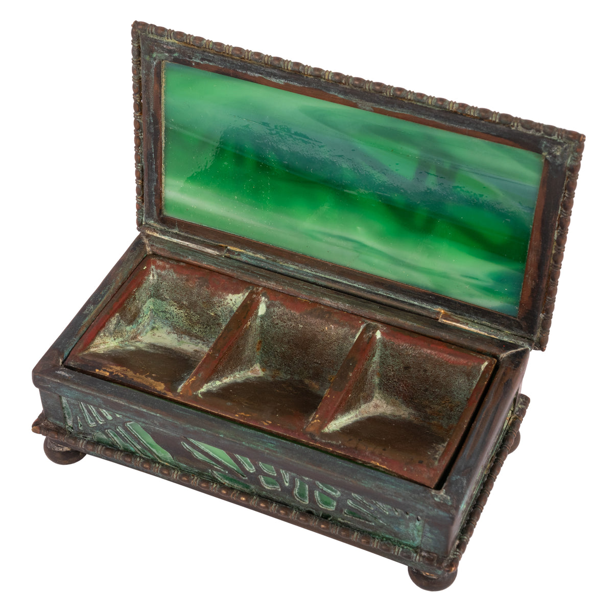 Antique Tiffany Studios Pine Needles Bronze Stamp Box Green Slag Glass, Circa 1910
