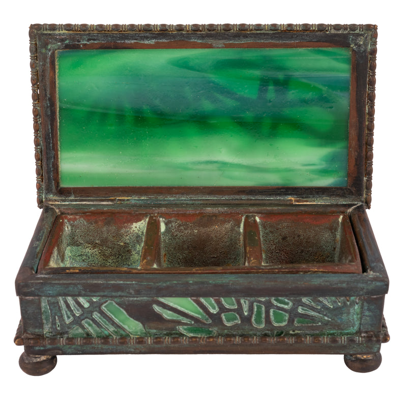 Antique Tiffany Studios Pine Needles Bronze Stamp Box Green Slag Glass, Circa 1910