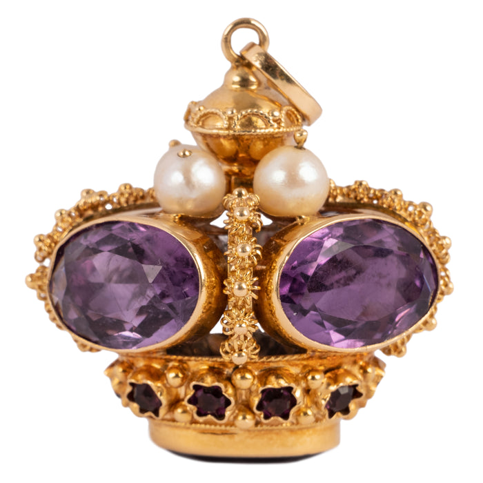 Vintage 18 Karat Gold Amethyst & Natural Pearl Royal Crown Jewel Pendant