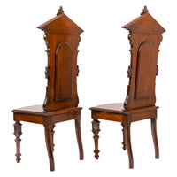 Antique Pair of American High Back Walnut Renaissance Revival Carved Hall Chairs, Circa 1870