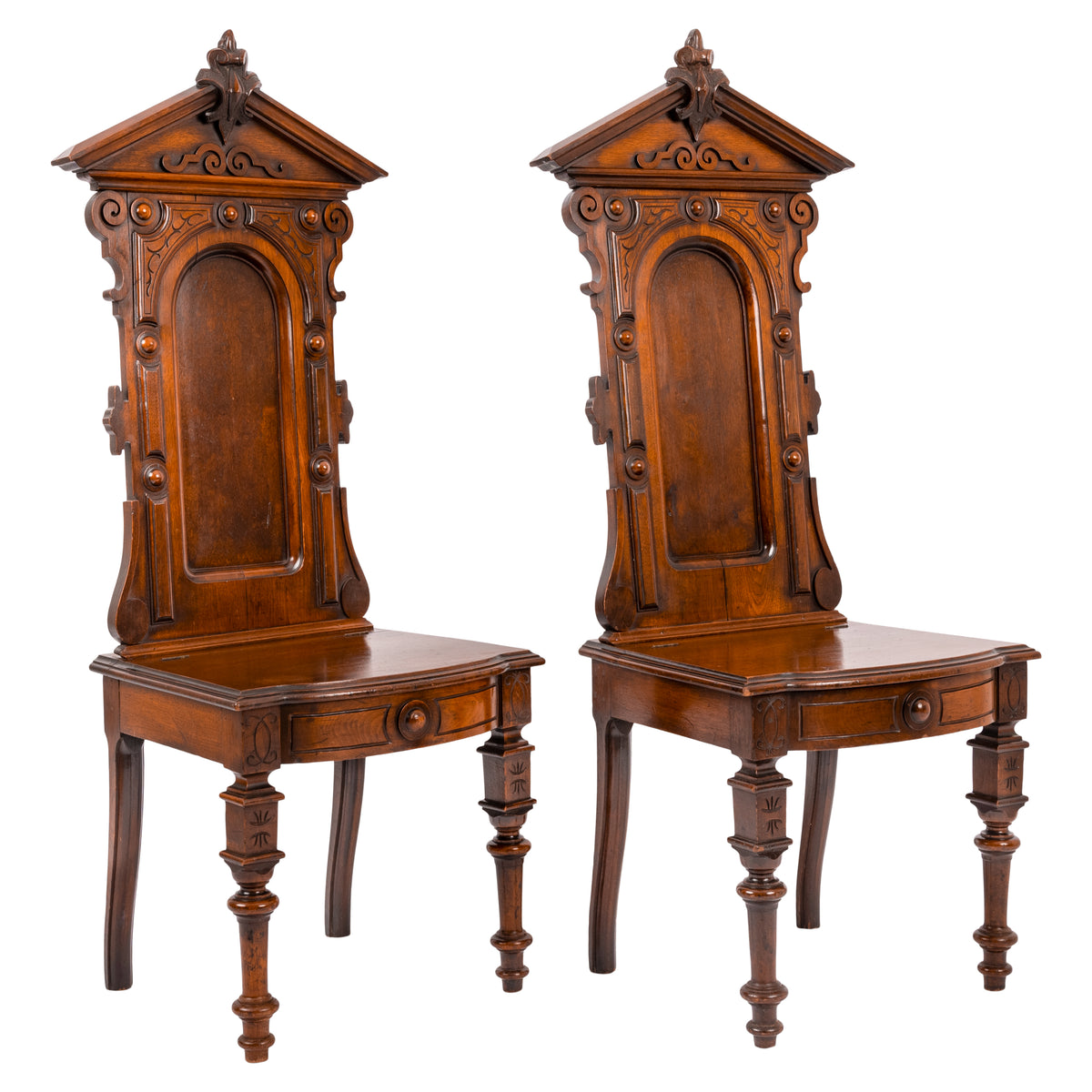 Antique Pair of American High Back Walnut Renaissance Revival Carved Hall Chairs, Circa 1870
