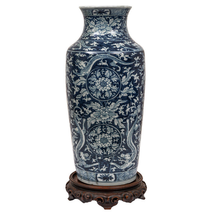 Antique Blue White Chinese Porcelain Qing Dynasty Kangxi Period Dragon Vase, Circa 1680