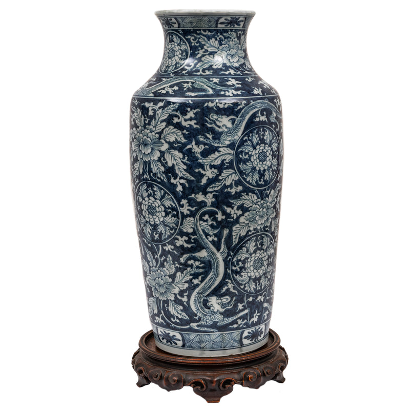 Antique Blue White Chinese Porcelain Qing Dynasty Kangxi Period Dragon Vase, Circa 1680