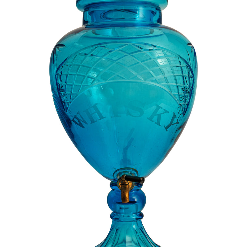 Antique 19th Century Diamond Cut Etched Cobalt Blue Glass Whisky Dispenser, Circa 1880