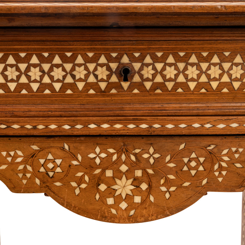 Antique Anglo Indian Teak Mahogany Inlaid Marquetry Work Side Sewing Table, Circa 1870