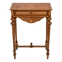 Antique Anglo Indian Teak Mahogany Inlaid Marquetry Work Side Sewing Table, Circa 1870