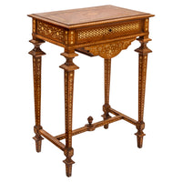 Antique Anglo Indian Teak Mahogany Inlaid Marquetry Work Side Sewing Table, Circa 1870