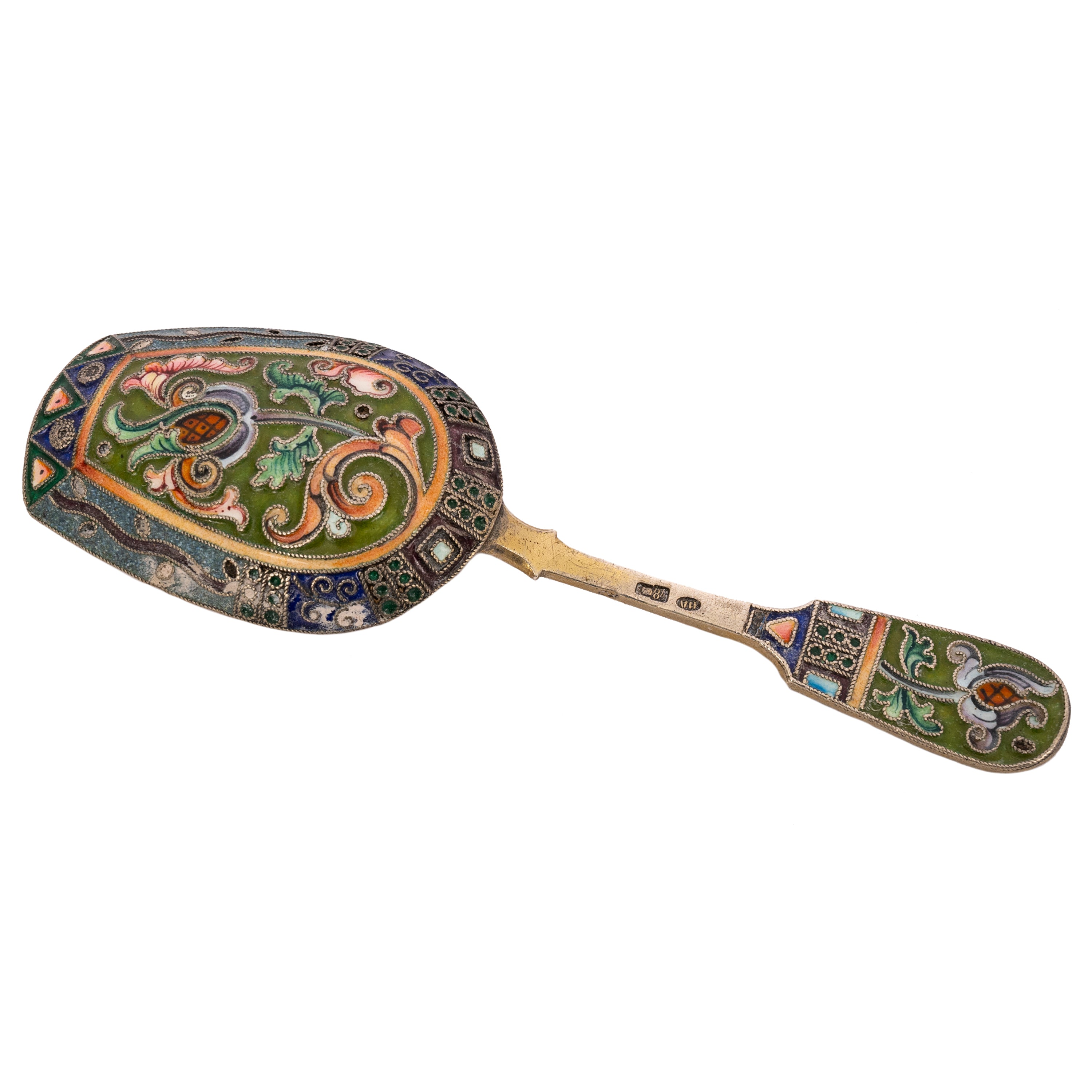 Antique Imperial Russian Silver Gilt Cloisonné Shovel Caddy Spoon