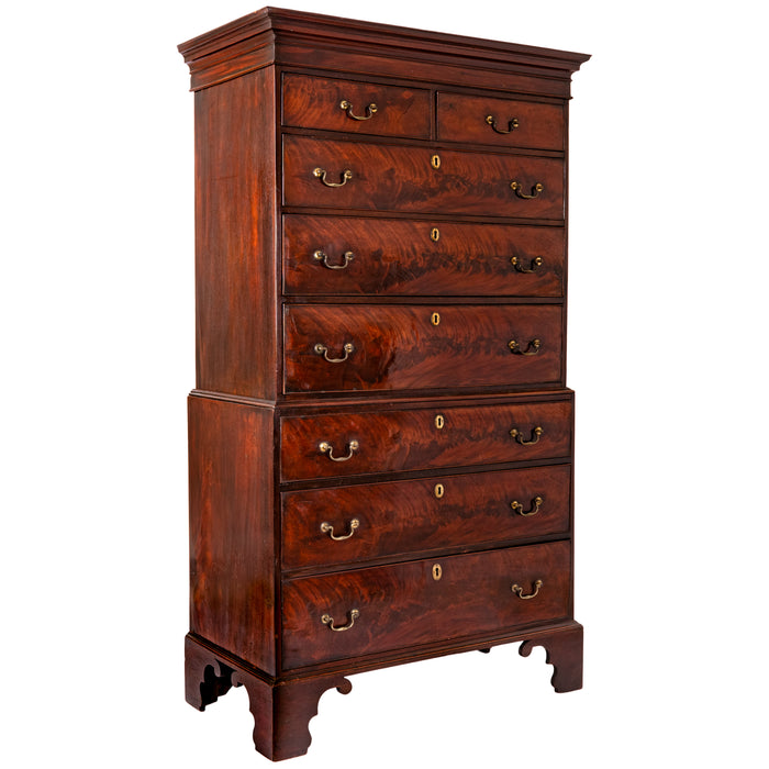 Antique English Georgian George III Figured Cuban Mahogany Chest on Chest, Circa 1780