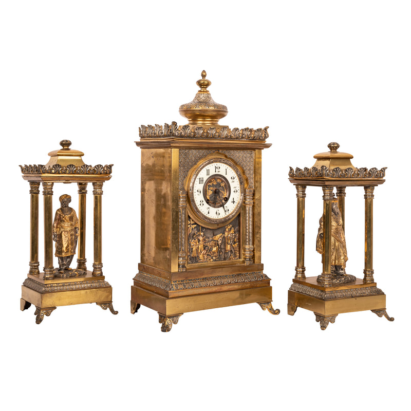 Antique French Orientalist Arab 8 Day Gilt Bronze Statue Clock Garniture, Circa 1880