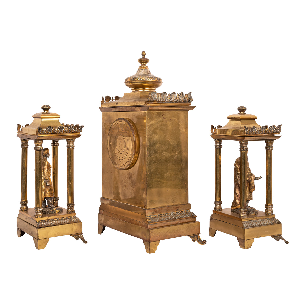 Antique French Orientalist Arab 8 Day Gilt Bronze Statue Clock Garniture, Circa 1880