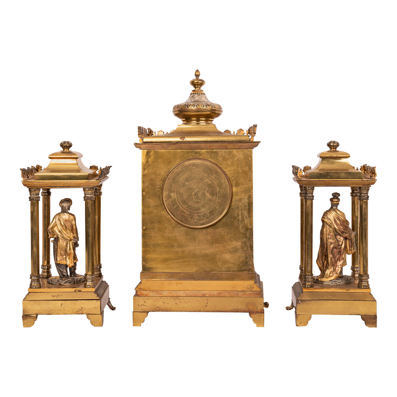 Antique French Orientalist Arab 8 Day Gilt Bronze Statue Clock Garniture, Circa 1880