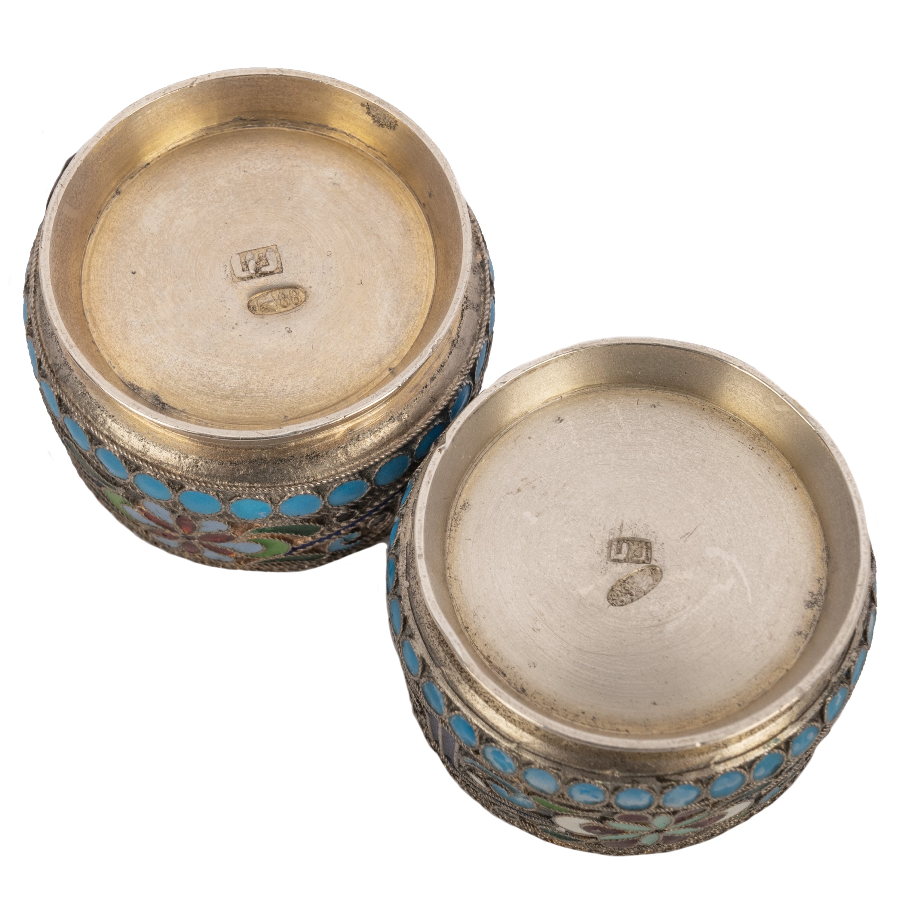 Antique Pair of Russian Silver Gilt Enamel Cloisonné Salts