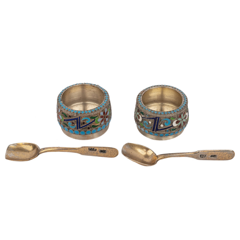 Antique Pair of Russian Silver Gilt Enamel Cloisonné Salts Spoons St. Petersburg, Circa 1908