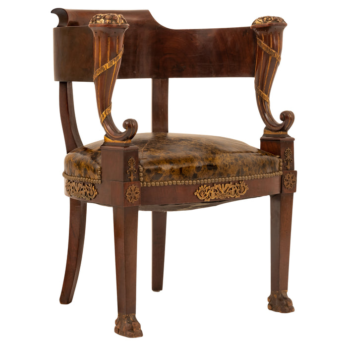 Antique French Empire Napoleonic Ormolu Parcel Gilt Bureau Desk Arm Chair, Circa 1815