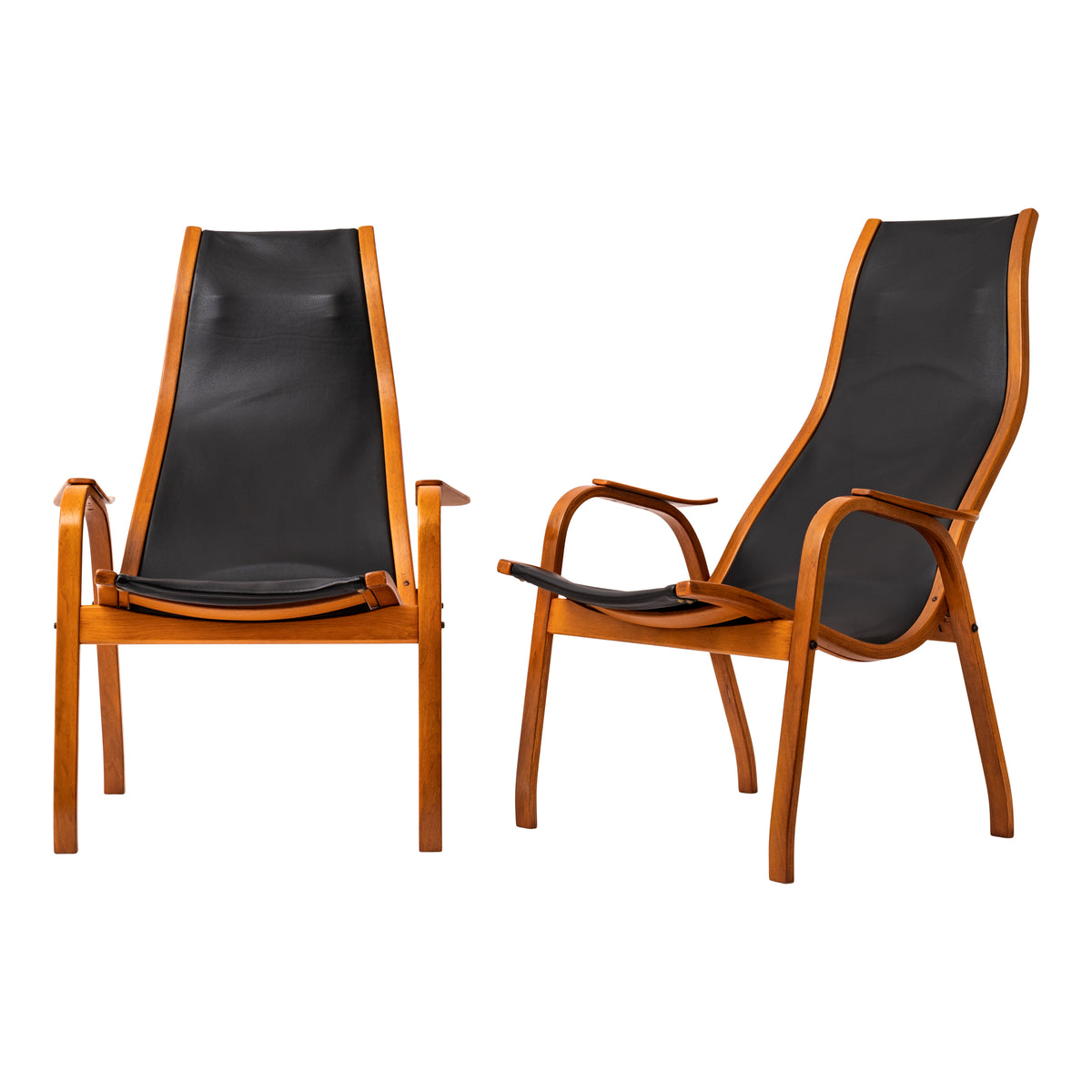 Pair Mid Century Yngve Ekstrom Swedese Lamino Black Leather Lounge Chairs, 1950's