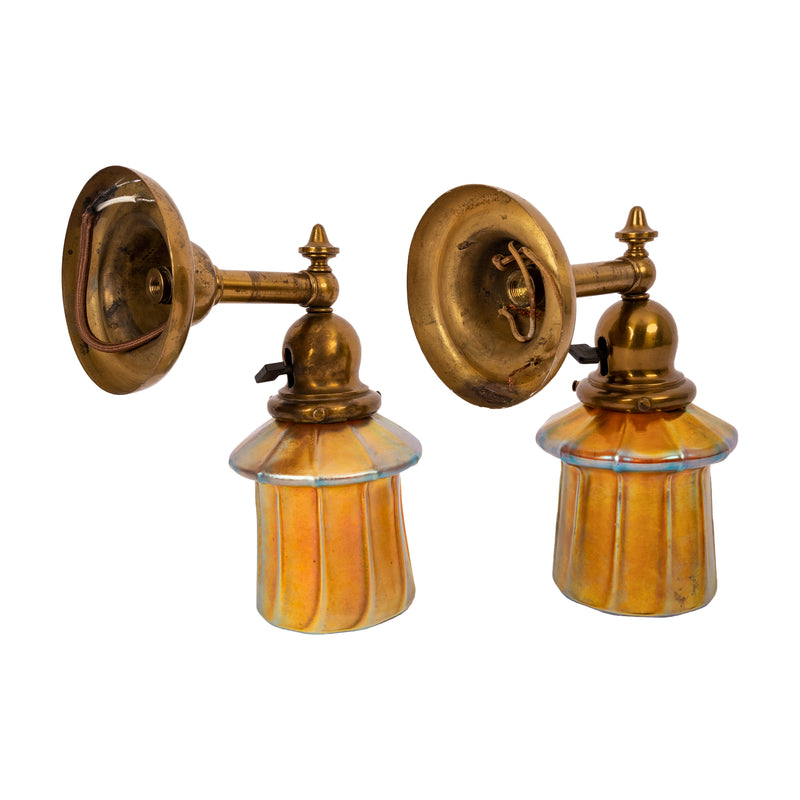 Pair Antique Arts & Crafts Mission Brass Gold Aurene Steuben Glass Wall Sconces, Circa 1910