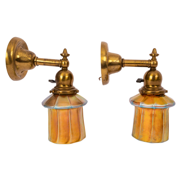 Pair Antique Arts & Crafts Mission Brass Gold Aurene Steuben Glass Wall Sconces, Circa 1910