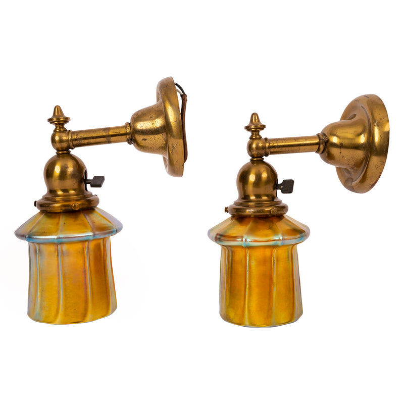 Pair Antique Arts & Crafts Mission Brass Gold Aurene Steuben Glass Wall Sconces, Circa 1910