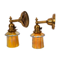 Pair Antique Arts & Crafts Mission Brass Gold Aurene Steuben Glass Wall Sconces, Circa 1910