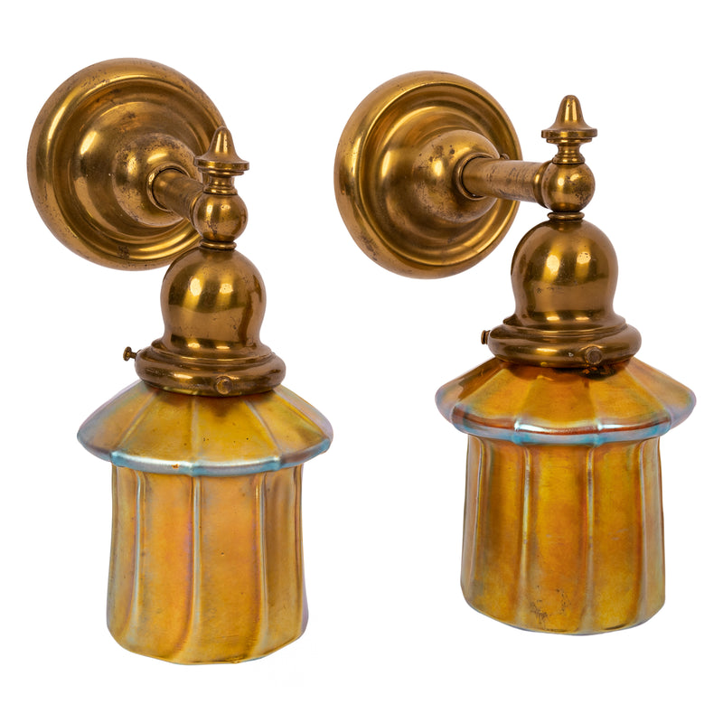 Pair Antique Arts & Crafts Mission Brass Gold Aurene Steuben Glass Wall Sconces, Circa 1910