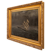 Gideon Jacques Denny Antique Oil on Canvas Marine Sailing Ship Painting Stormy Sea California 1865