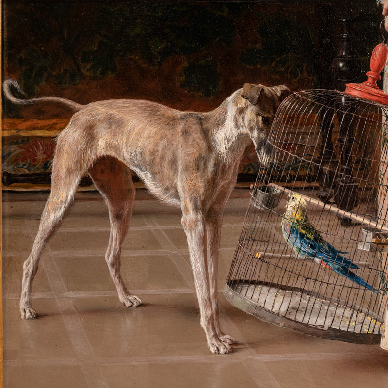 Antique Italian Oil on Panel Painting Costume Genre Dog & Beauty Franceso Vinea, 1873